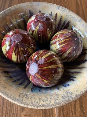 Vintage pottery carpet balls with matching display bowl. Home decor.